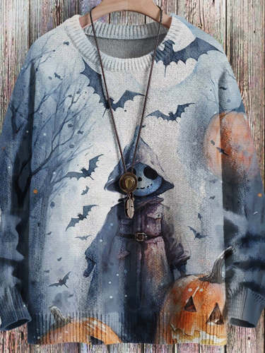 Halloween Pumpkin Bat Vintage Art Vibe Print Sweater