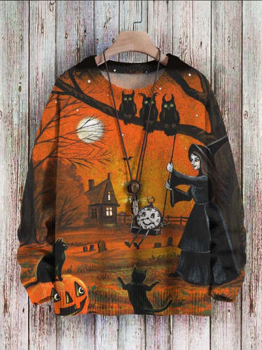 Halloween Witch Black Cat Art Print Casual Knit Pullover Sweatshirt