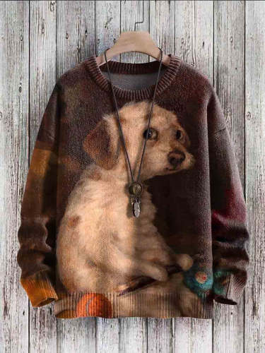 Vintage Cute Dog Art Print Casual Knit Pullover Sweater