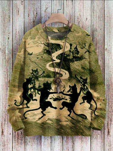 Retro black cats dancing under the moonPrint Pullover Knitted Sweater