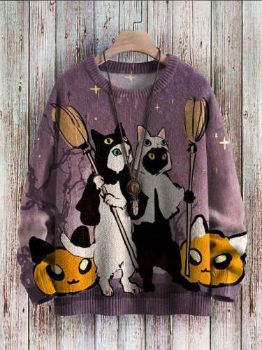 Halloween Funny Black White Cats Art Pattern Print Casual Knit Pullover Sweatshirt
