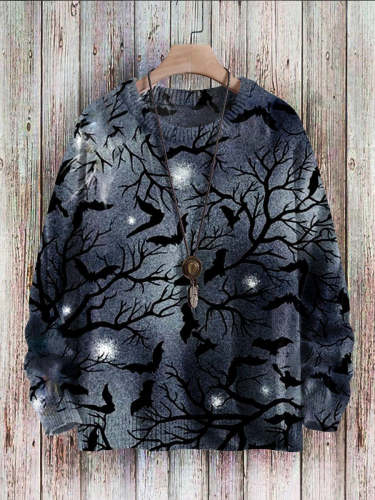 Vintage Halloween Bat Print Pullover Knitted Sweater