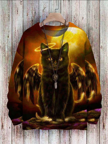 Black Cat Wing Halo Art Print Knit Casual Sweatshirt