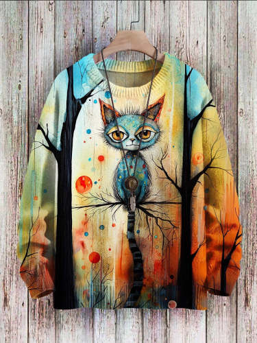 Halloween Rainbow Cat Vintage Art Vibe Print Sweater