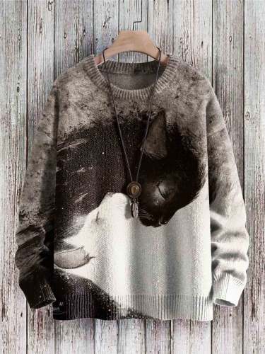 Vintage Cute Cat Art Print Casual Knit Pullover Sweater