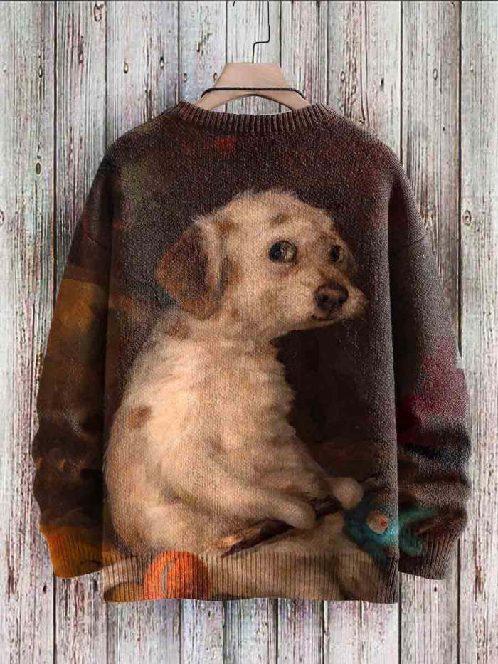 Vintage Cute Dog Art Print Casual Knit Pullover Sweater