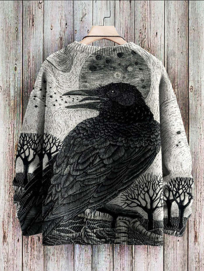 Halloween Raven Pattern Art Print Casual Knit Pullover Sweatshirt