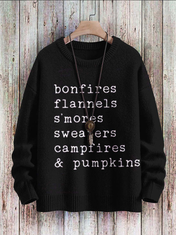 Bonfires Flannels S'mores Sweaters Campfires And Pumpkins Printed Pullover Knitted Sweater