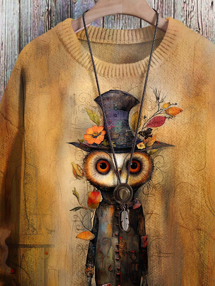 Owl Vintage Art Vibe Print Sweater