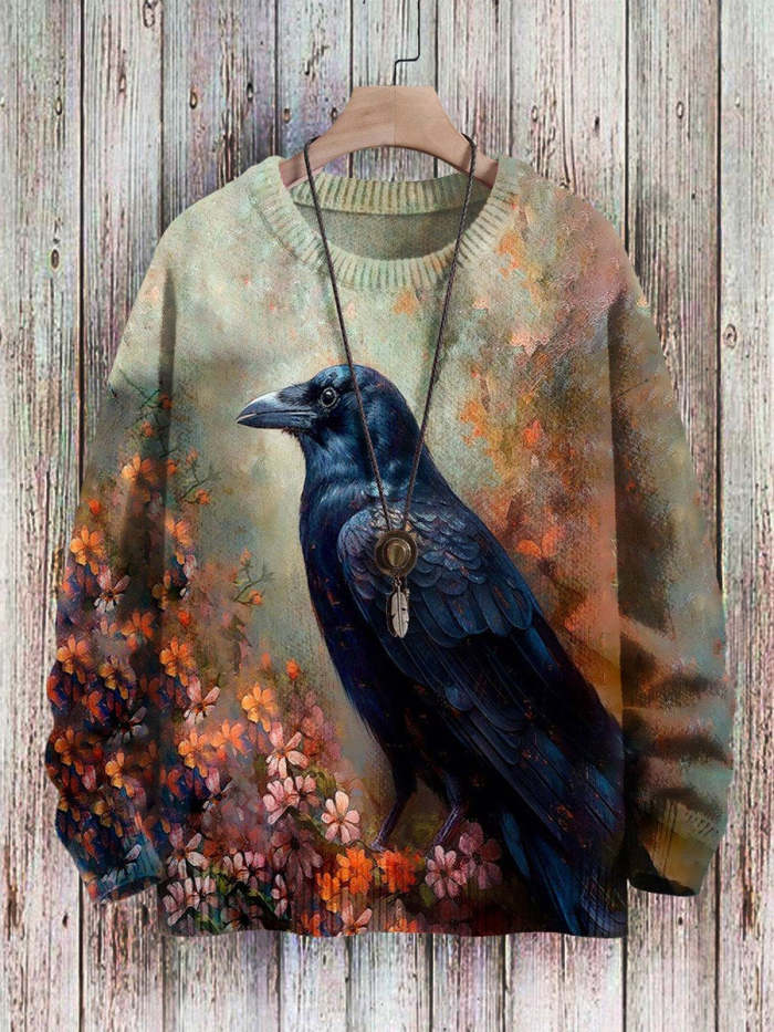 Crow Art Casual Print Pullover Knitted Sweater