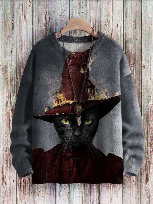 Halloween spooky vintage cat print sweater