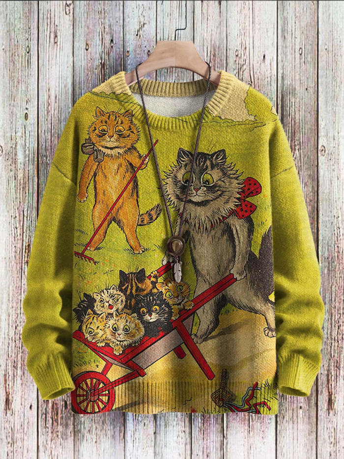 Unisex Vintage Cat Print Sweater