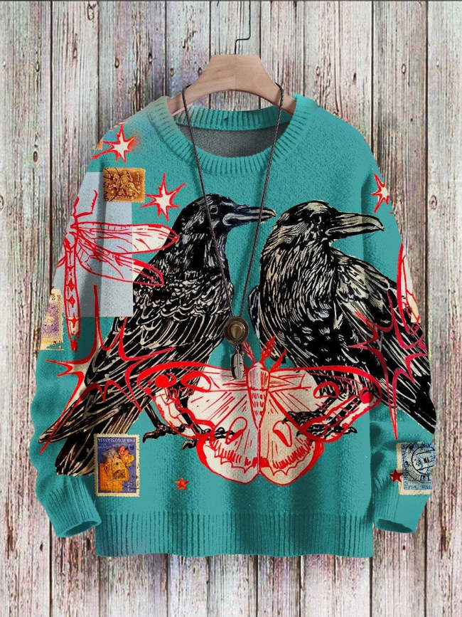Crow Art  Print Pullover Knitted Sweater