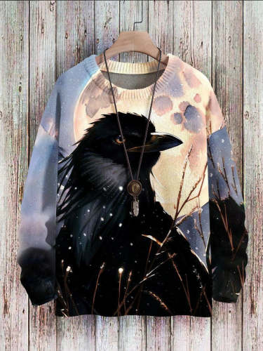 Halloween Crow Art Print Pullover Knitted Sweater