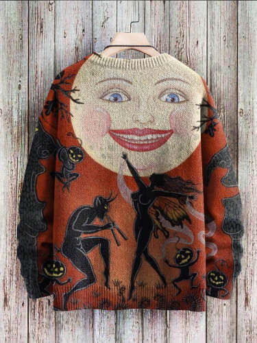 Halloween Devil Dance Moon Art Pattern Print Casual Knit Pullover Sweatshirt