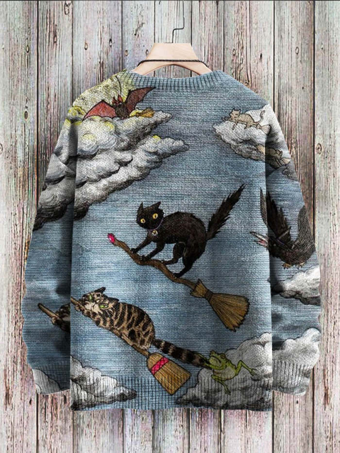 Halloween Funny Cats Frog Raven Bat Art Pattern Print Casual Knit Pullover Sweatshirt