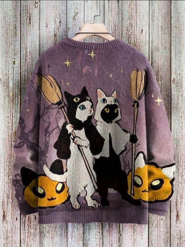 Halloween Funny Black White Cats Art Pattern Print Casual Knit Pullover Sweatshirt