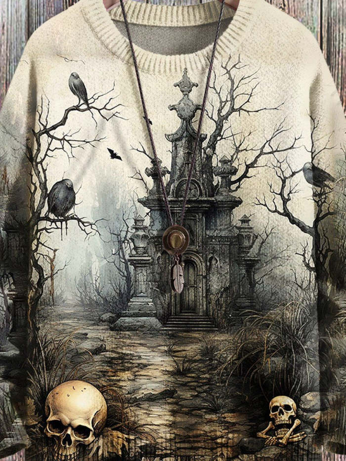 Halloween Death Crow Vintage Art Vibe Print Sweater