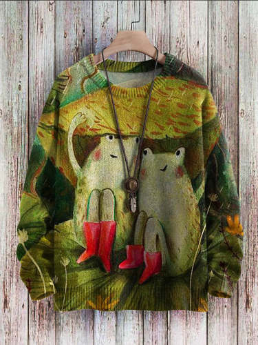 Funny Frogs Art Pattern Print Casual Knit Pullover Sweatshirt