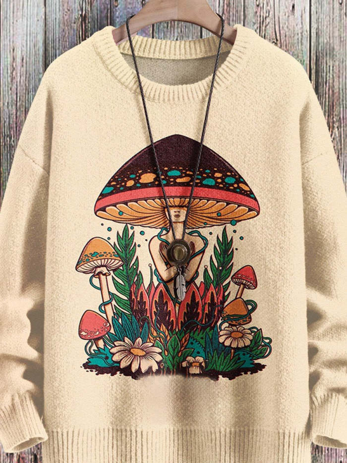 Mushroom Art Casual Print Pullover Sweater
