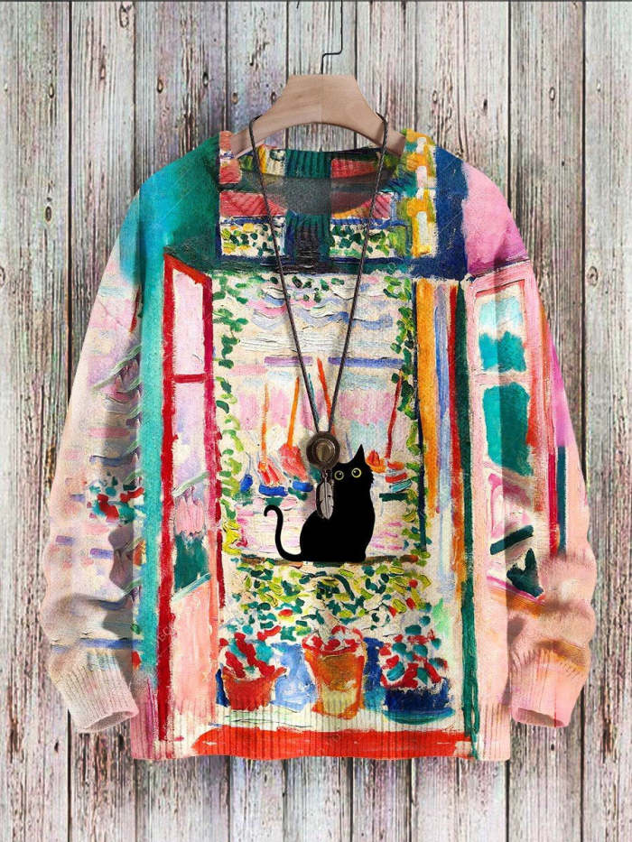 Cat Art Print  Pullover Knitted Sweater
