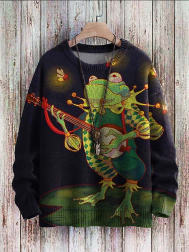 Halloween Cute Frog Play Music Art Pattern Print Casual Knit Pullover Sweatshirt