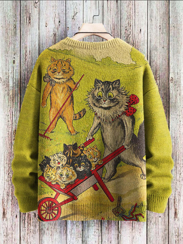 Unisex Vintage Cat Print Sweater