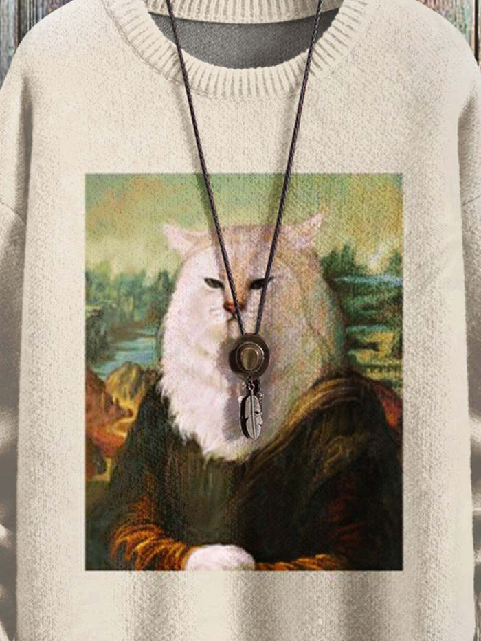 Cat Art Casual Print Pullover Knitted Sweater