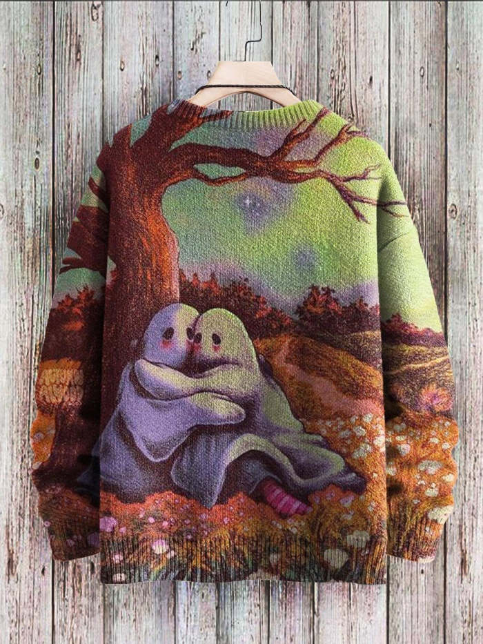 Ghost Art Pattern Print Casual Knit Pullover Sweatshirt