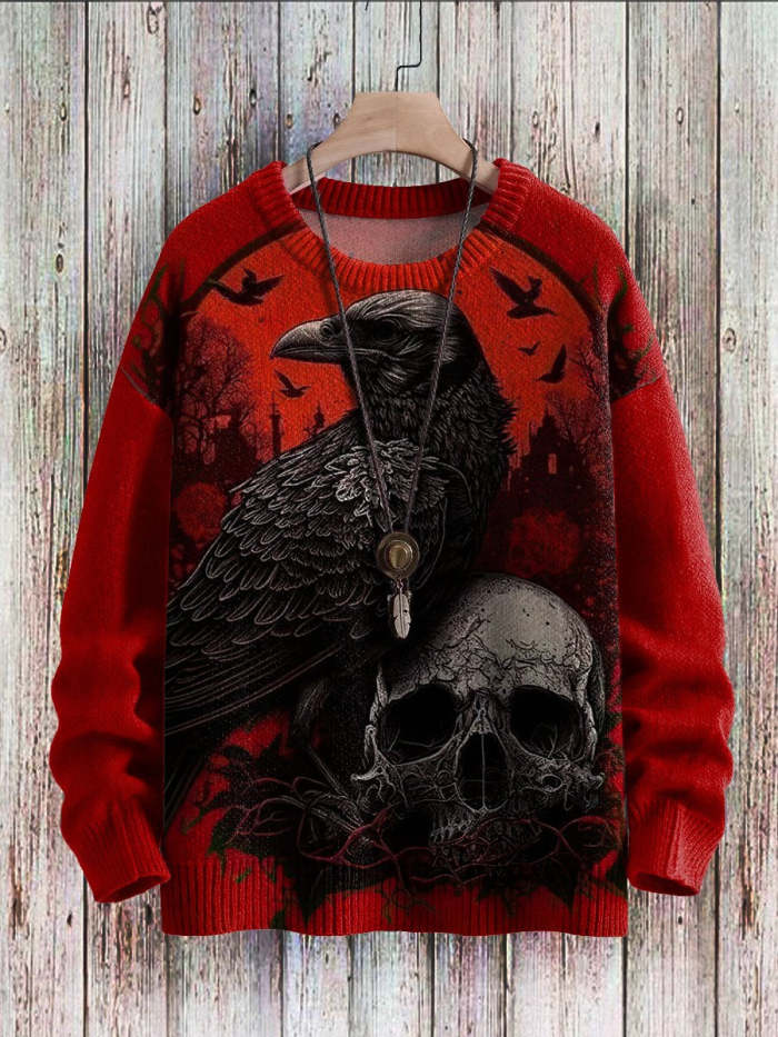 Halloween Vintage Raven Skull Print Sweater