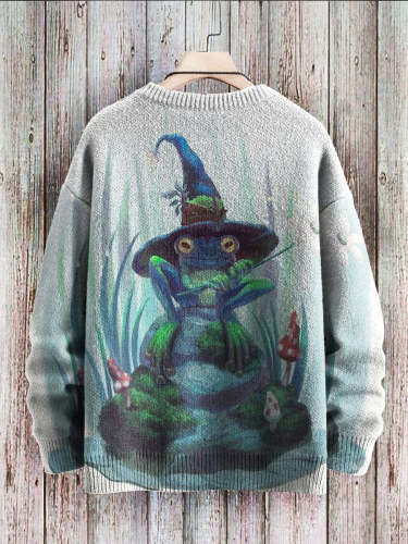 Halloween Cute Wizard Frog Art Pattern Print Casual Knit Pullover Sweatshirt