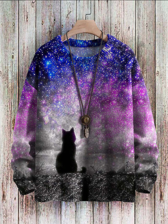 Retro colorful starry sky cat pattern art print casual knitted pullover sweatshirt