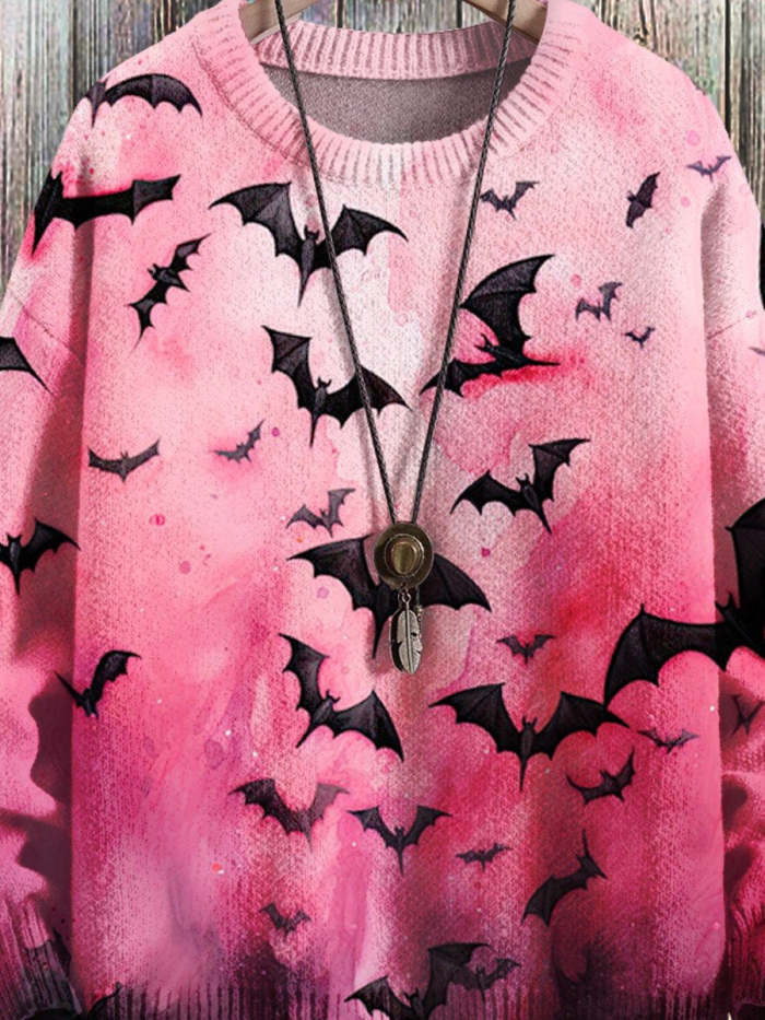 Halloween Bat Vintage Art Vibe Print Sweater