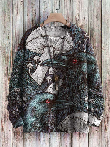 Halloween Raven Mushroom Art Pattern Print Casual Knit Pullover Sweatshirt