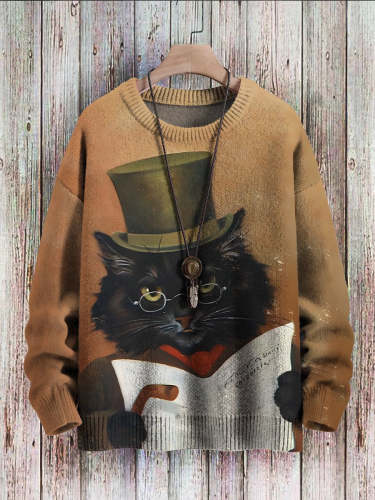 Vintage Cat Fun Art Print Casual Pullover Knitted Sweater
