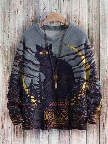 Halloween Funny Cats Moon Art Print Pattern Casual Knit Sweatshirt
