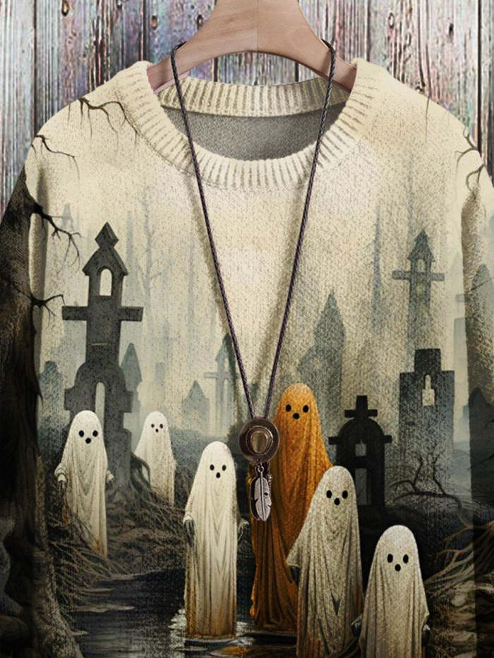 Halloween Graveyard Ghost Vintage Art Vibe Print Sweater