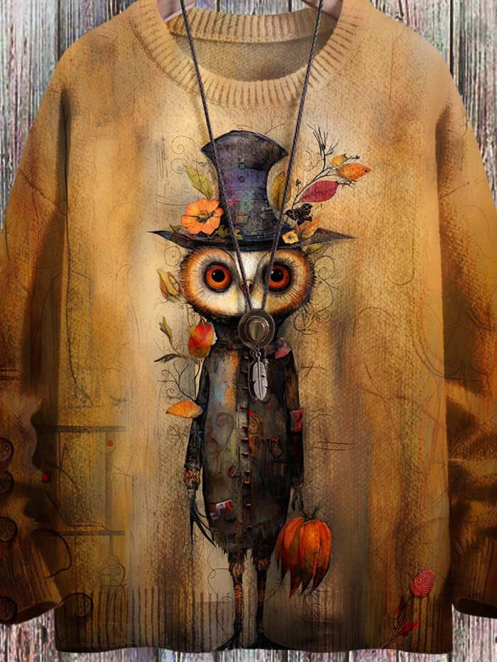 Owl Vintage Art Vibe Print Sweater