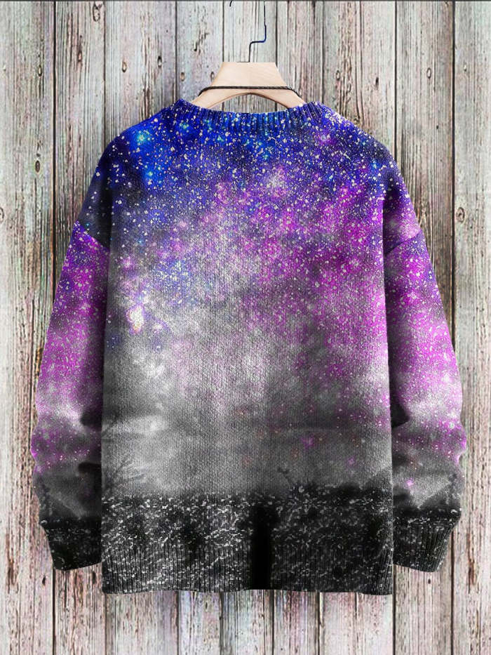 Retro colorful starry sky cat pattern art print casual knitted pullover sweatshirt