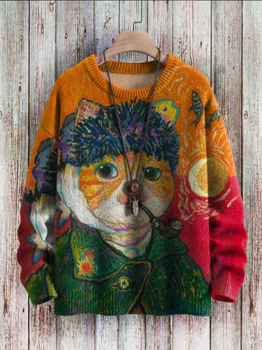 Vintage Funny Van Gogh Cat Art Print Casual Knit Sweatshirt