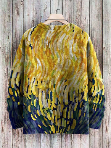 Vintage Textured Graphic Art Print Slouchy Knit Pullover Sweatshirt