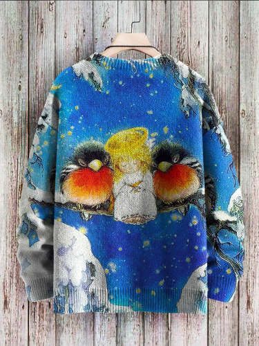 Christmas Cute Child Birds Art Pattern Print Casual Knit Pullover Sweatshirt