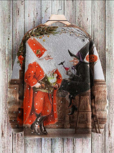 Christmas Santa Witch Chat Decoration Pattern Art Print Casual Knit Pullover Sweatshirt