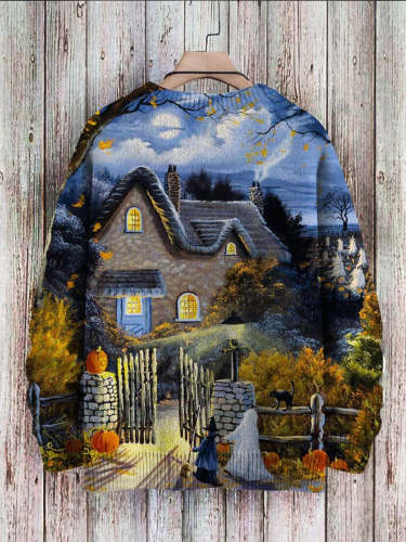Halloween Ghost Witch Art Print Knit Casual Sweatshirt