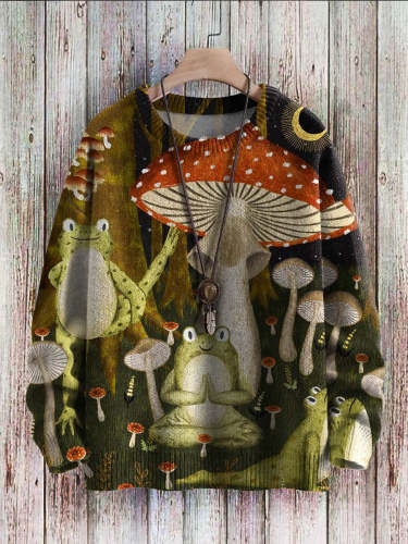 Vintage Cute Frog Yoga Mushroom Art Pattern Print Casual Knit Pullover Sweatshirt