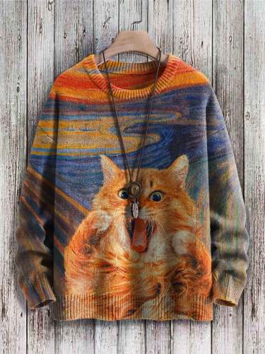 Cute Cat Art Pattern Print Casual Knit Pullover Sweatshirt