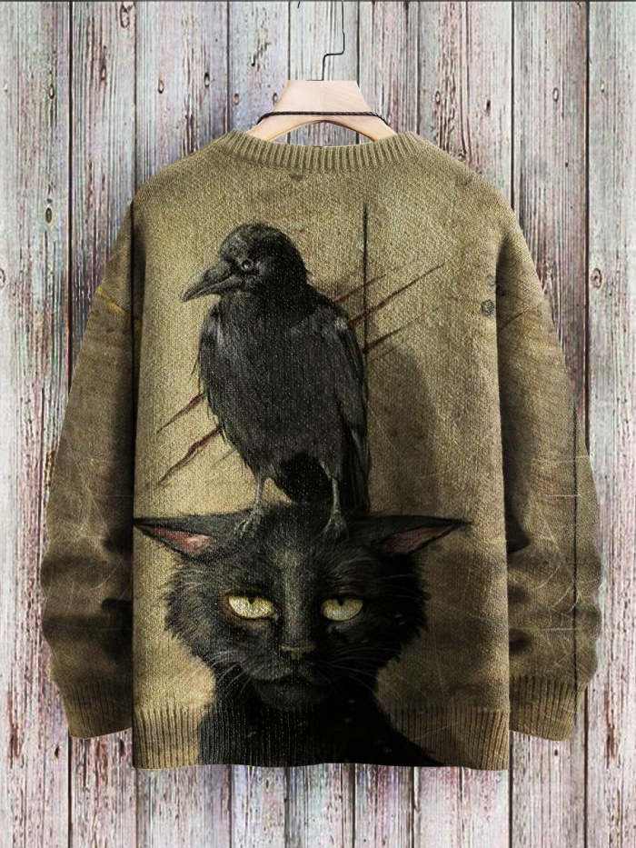Halloween Raven Black Cat Art Pattern Print Casual Knit Pullover Sweatshirt