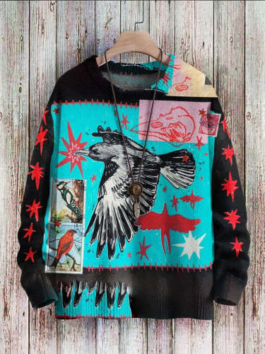 Crow Art  Print Pullover Knitted Sweater