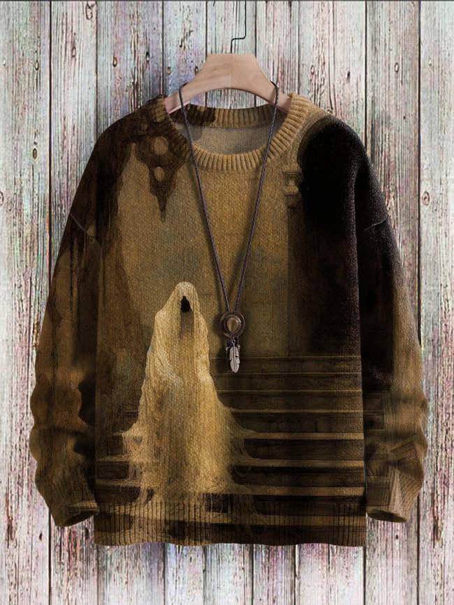 Halloween Ghost Art Print Casual Knit Sweatshirt