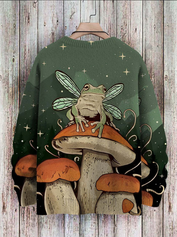 Vintage Mushroom Frog Fun Art Print Casual Pullover Knitted Sweater